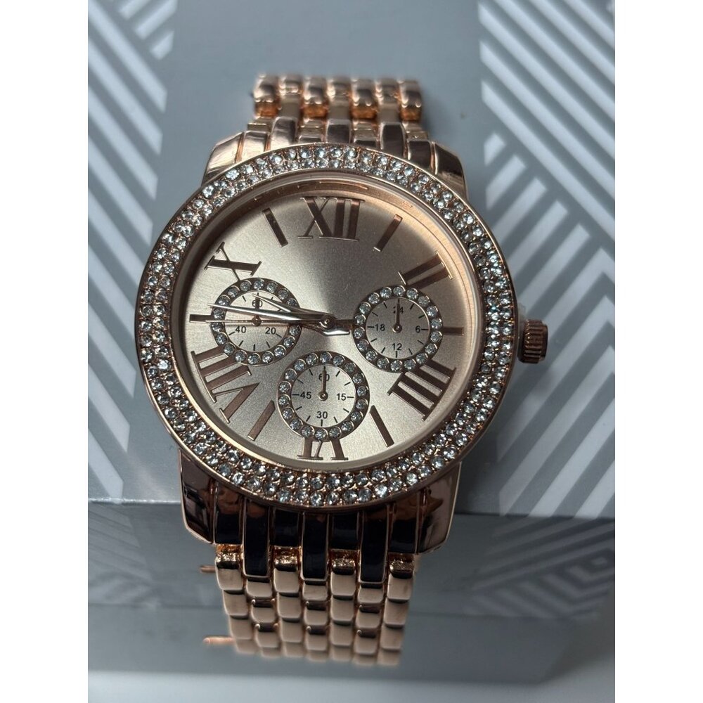 INC International Concepts Rose Gold Tone Roman Numeral Crystal Accent Womens Wa
